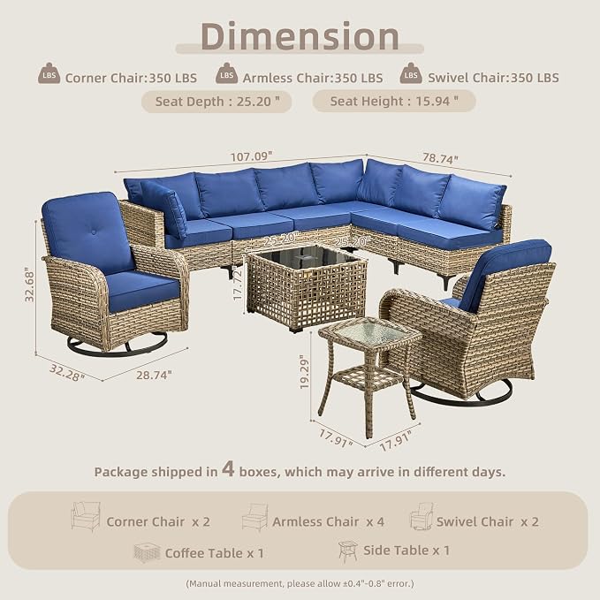 CAODOC Outdoor Sectional Patio Furniture Set,10 Pieces Wicker Conversation Sets L Shaped Couch,Out Door Sofa Outside Furniture with Swivel Chairs,Blue