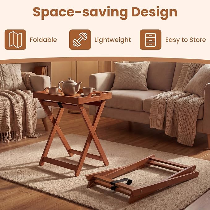 HAPPYGRILL Outdoor Wood Tray Table Folding Side Table with Removable Serving Tray, Portable Patio End Table for Porch, Garden, Backyard, Poolside (2)