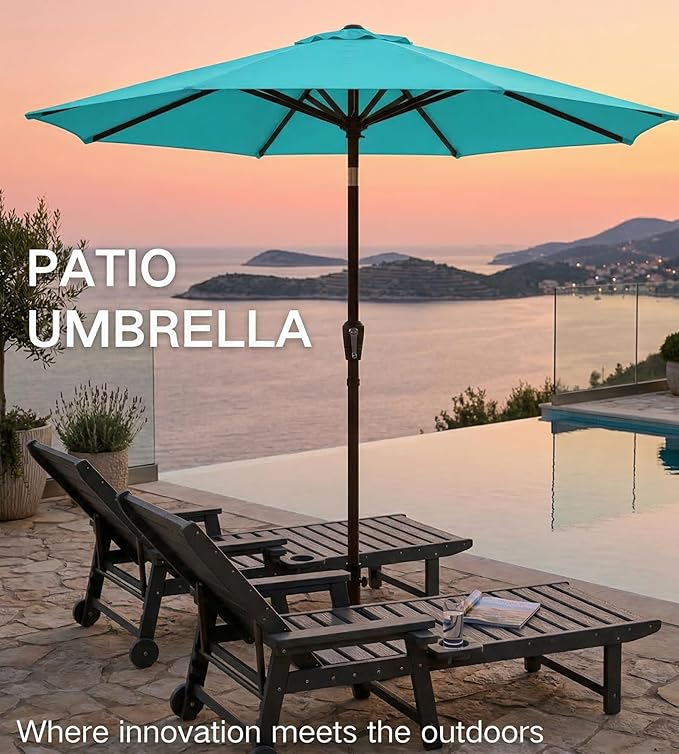 PatioKingdom 9FT Patio Outdoor Umbrella-UPF 50+ Sun Shade with Wind Vent, Push-Button Tilt & Smooth Crank Lift, Rust-Resistant Fiberglass Frame for Garden, Backyard,Yard (Peacock Blue)