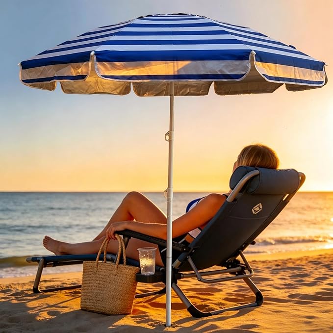 LOTTAFUN 6ft Beach Umbrella - Heavy Duty Wind Resistant UV 50+ Portable Sun Shade with Sand Anchor & Carry Bag, Outdoor Folding Umbrella for Beach, Pool, Patio, Garden (Blue strip) No Tilt The sand needs to exceed the spiral 6inch