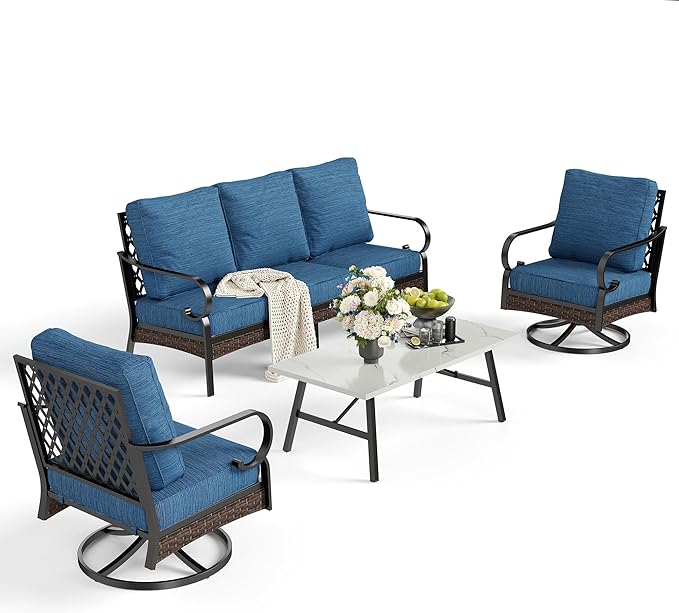 4 PCS Metal Outdoor Patio Furniture Set, Patio Conversation Sets 1 3-Seater Sofa, 2 Swivel Chairs with 5.75" Extra Thick Cushion & Coffee Table, Black Frame Backyard Furniture, Blue-2