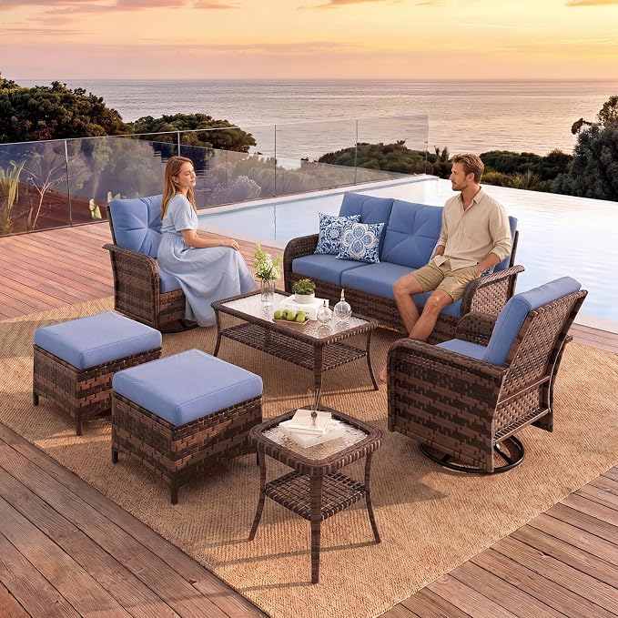 LazySunsets 9 Piece Outdoor Patio Furniture Set with Coffee Table, Wicker Rattan Outdoor Furniture with High Back Swivel Rocker Chairs, Outdoor Conversation Set with Thick Cushion & Ottoman, Navy Blue