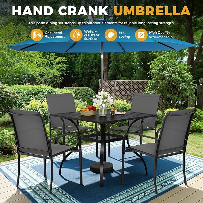 Incbruce 6 Pieces Patio Dining Set with Sky Blue Umbrella, Outdoor Dining Set of 4 Textilene Chairs and Square Table with Umbrella Hole for Backyard, Garden, and Poolside (Grey)