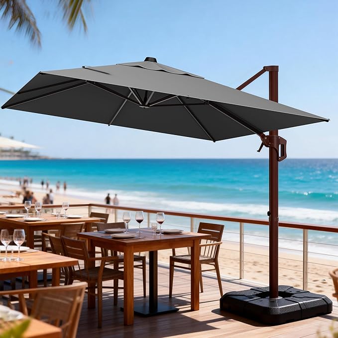 9' X 12' Cantilever Patio Umbrella Rectangle Outdoor Umbrella with Base Included, 6-Level Tilt & 360° Rotation Offset Umbrella for Garden, Deck, Pool (Grey)