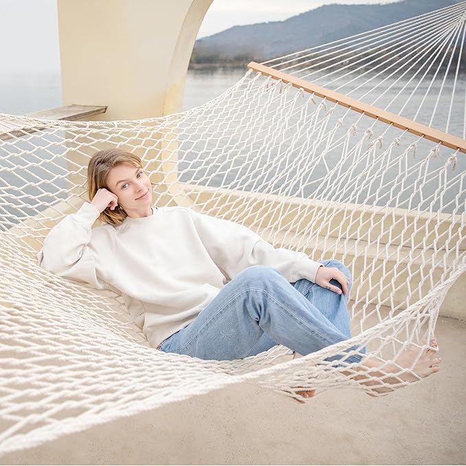 12ft Double Hammocks for Outside, Handwoven Traditional Cotton Rope Hammock with Hardwood Spreader Bar, Chains and Hooks for Indoor Outdoor, Max 450 lbs Capacity(Natural Beige, Medium)