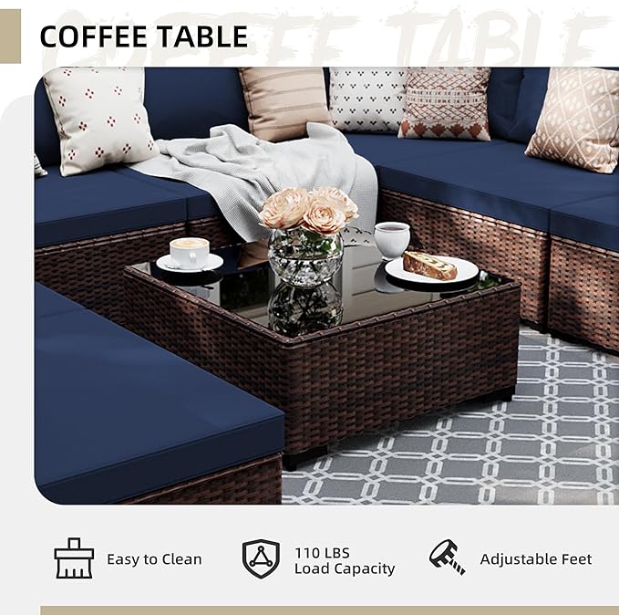 UPHA 9 Pieces Patio Furniture Sets, Wicker Outdoor Sectional Sofa Couch with Coffee Table, Patio Conversation Set for Deck Backyard Garden, Brown Rattan, Navy Blue Cushion