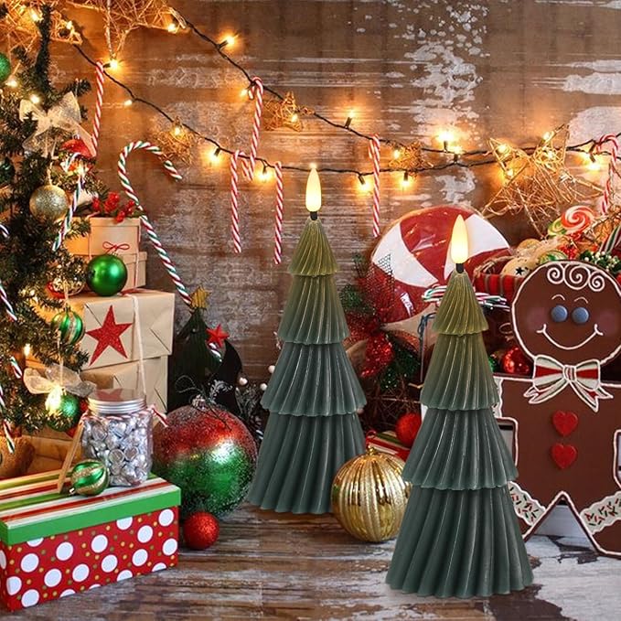 Christmas Tree Spiral Skirt-Shaped Flameless Candles with 6H Timer, 2 Pcs Battery Operated LED Pillar Candle with Flickering 3D Wick, Green Candles for Home Décor Christmas Gifts