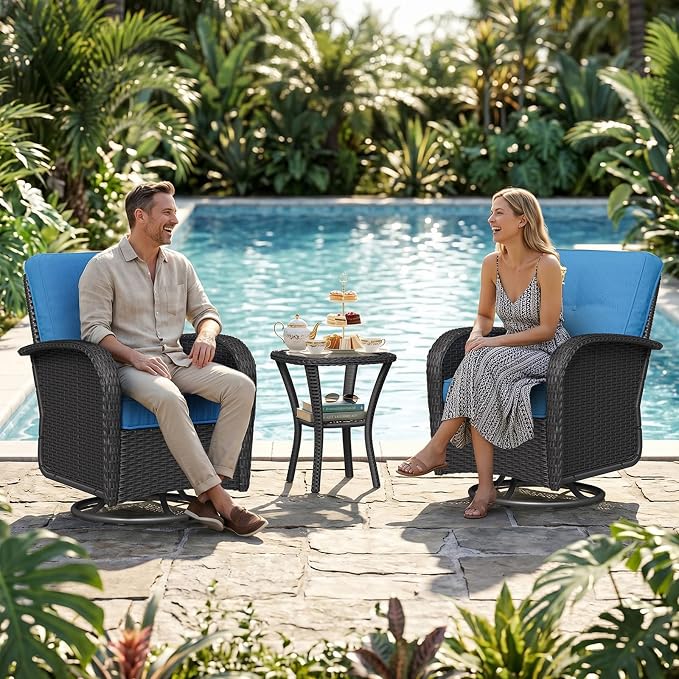 Aoxun 3 Piece Outdoor Patio Furniture Set with Side Table, Outdoor Patio Furniture Sets with High Back Swivel Rocker Chairs, Outdoor Sofa Set with Ottoman for Backyard & Garden, Peacock Blue
