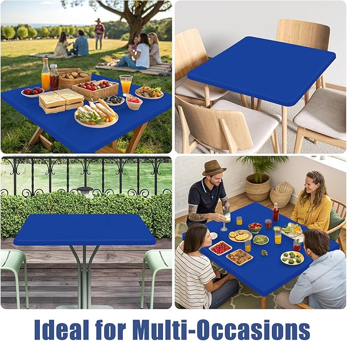 Moosfor Spandex Picnic Table Cloth 2 Pack, Elastic Fitted Tablecloths for Square Tables, Stretch Washable Patio Table Cover for Outdoor, Camping, Banquet and Parties (Blue, 34"x34")