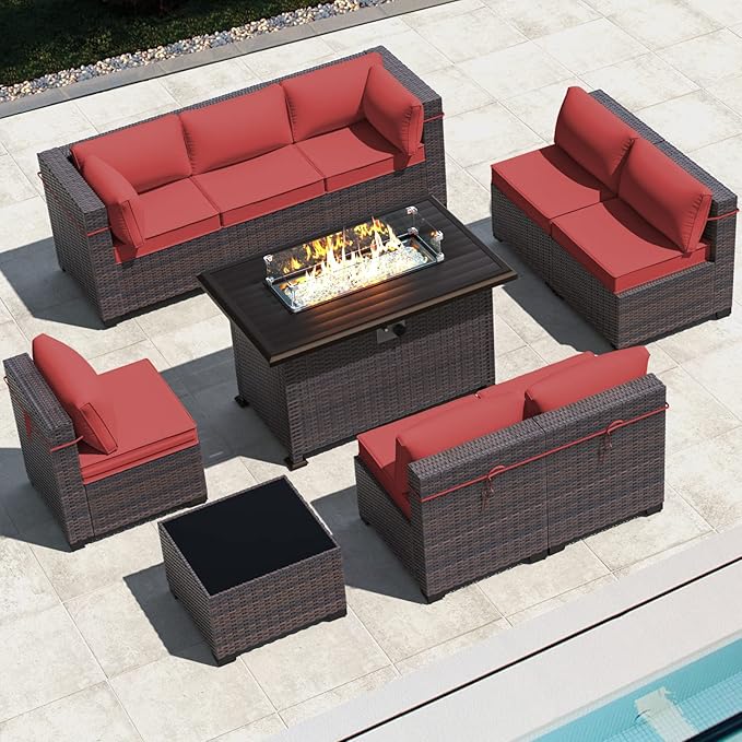 Outdoor Patio Furniture Set with Gas Fire Pit Table, 10 Pieces Outdoor Furniture Set Patio Sectional Sofa w/43in Propane Fire Pit, PE Wicker Rattan Patio Conversation Sets -Red.