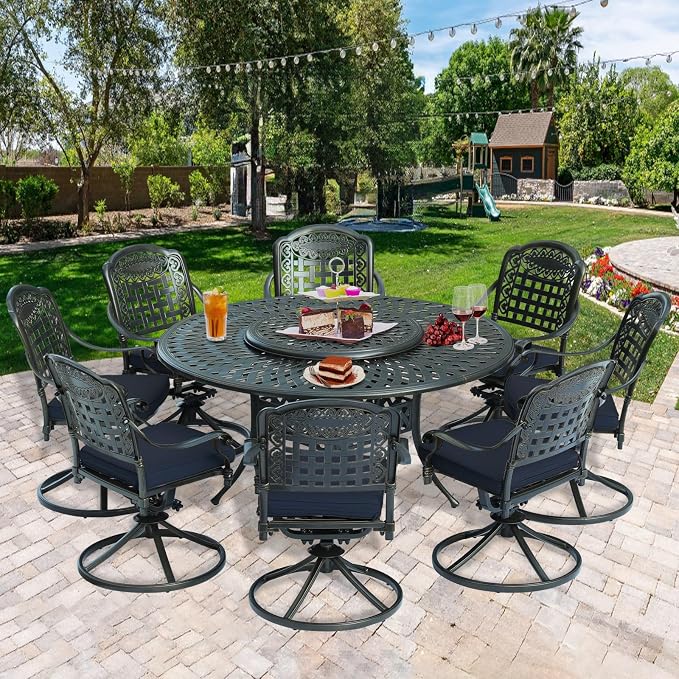 9-Piece Patio Cast Aluminum Dining Set, Outdoor Dining Furniture Set for 8 Person, Includes 8 Swivel Dining Chairs and 61" Round Dining Table w/ 31" Lazy Susan, Umbrella Hole, Navy Blue