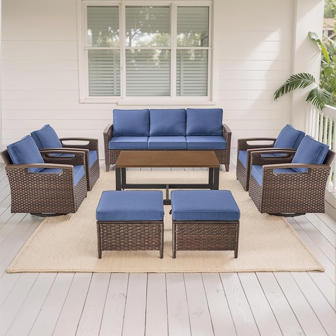 Rilyson Wicker Outdoor Patio Furniture Set - 8 Piece Patio Conversation Sets with Swivel Rocker Chairs, Ottomans, Sofa and Coffee Table, Thick Cushions, Waterproof Wicker, for Porch Deck Brown/Blue