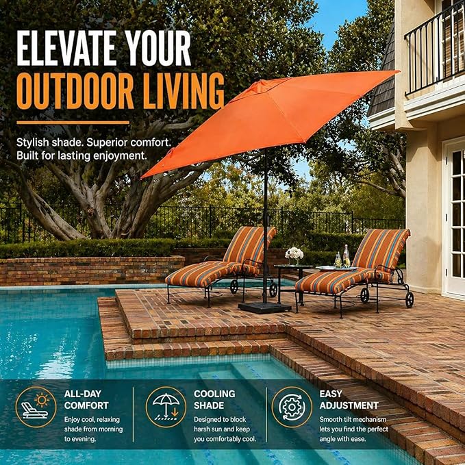 Treasure Garden 8 x 10 ft Patio Umbrella - Rectangular Market Umbrella – Auto Tilt – Bronze Aluminum Frame (Obravia2, Red)