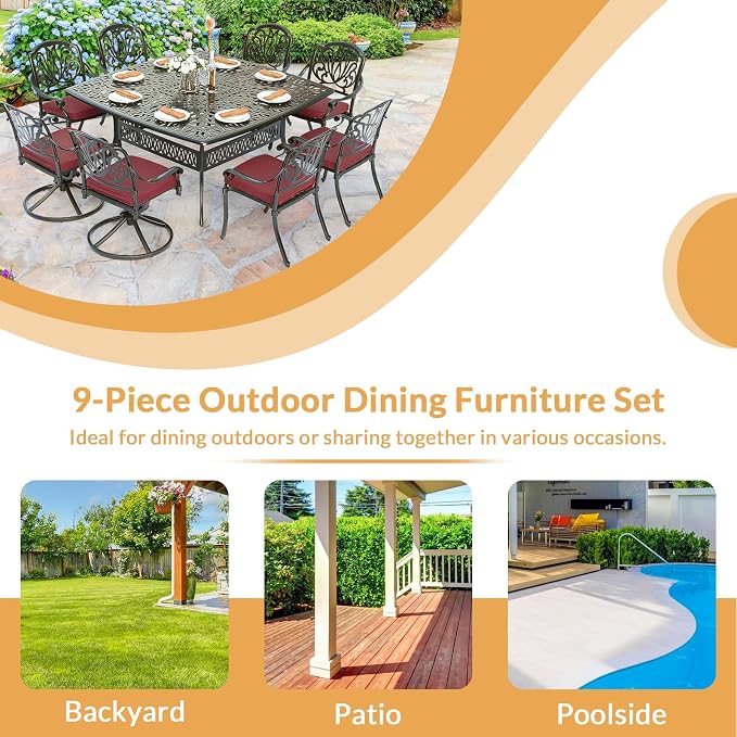 9 Piece Outdoor Patio Dining Set for 8, Cast Aluminium Large Square Dining Table & 2 Swivel Rocker Chairs, 6 Stationary, 8 Cushions, Umbrella Hole, Patio Furniture Set for Garden, Chili Red