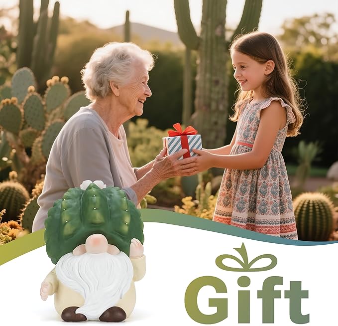 Etlemonde Solar Cactus Gnome Statue Garden Decor Light - Outdoor Decorative LED Flower, Suitable for Patio, Lawnand Garden Decorations, Gifts for Mom
