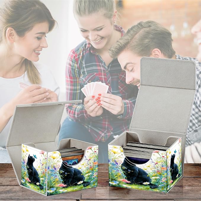 Card Deck Box for MTG, Cards Storage Box Fits 120+ Sleeved, Leather Small Size Strong Magnetic Closing Card Case for Board Games Magic TCG CCG Baseball Collection, Lawn Black Cat