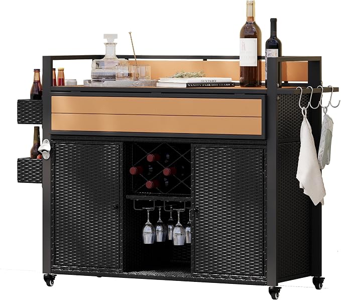 Outdoor Bar Table on Wheels with Extended Table Top and Storage Cabinet