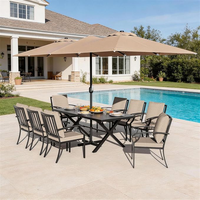 10-Piece Patio Dining Set,Metal Outdoor Furniture Set Includes 13.6FT Sand Umbrella,Hole Cut-Out 78.7" x 35.4" Table and 8 Metal Backrest Chairs for Backyard,Garden,Sand