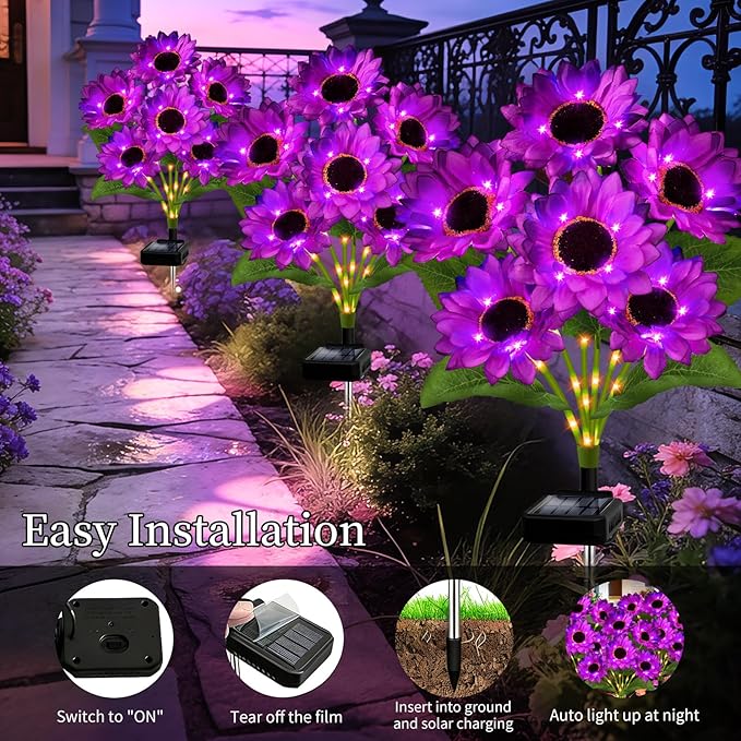 Solar Garden Lights Outdoor, 4 Pack Solar Purple Sunflower Lights with 18 Head 3.4 Inch Flowers, Waterproof Flowers Light Fall Decor Auto ON/Off for Garden Yard Patio Backyard, Gifts for Mom Women