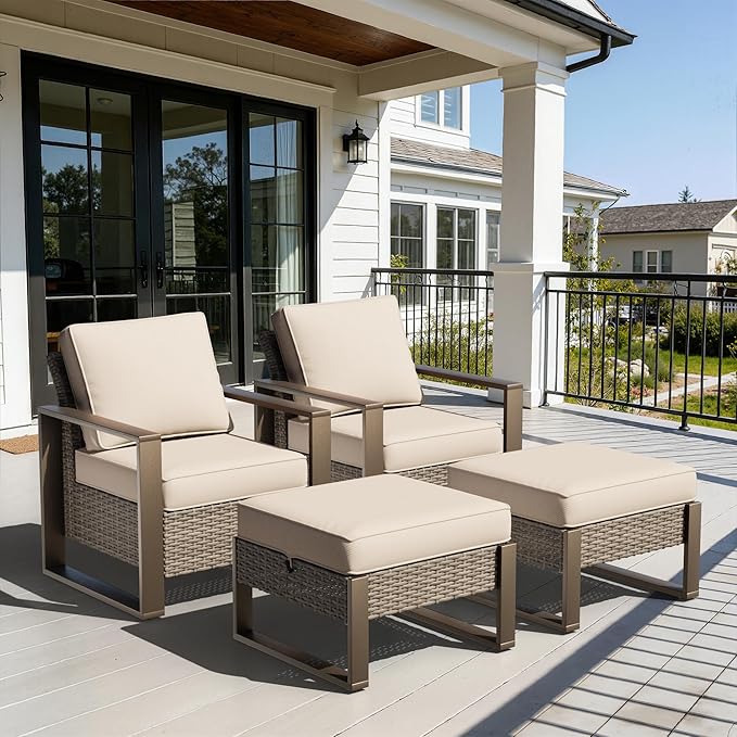 Outdoor Wicker Metal Chairs Set of 2 with Two Ottomans - 4 Pieces Patio Bistro Set with Rectangular Framed Wood-Looking Metal Armrest & Removable Cushions for Poolside, Terrace, Beige