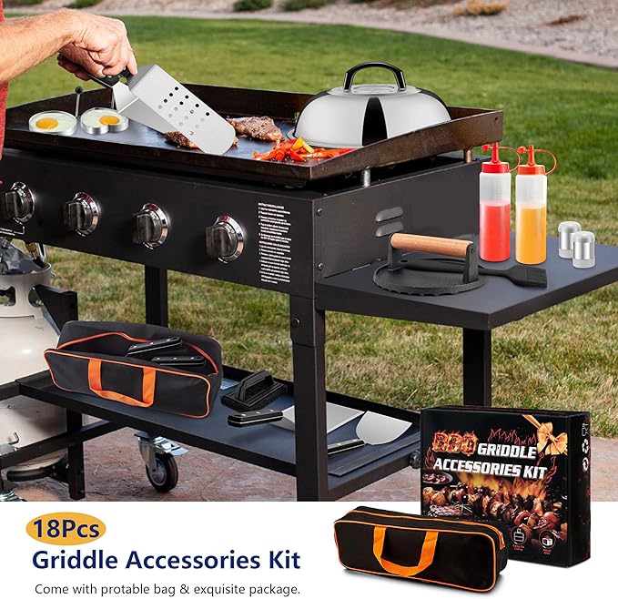 18Pcs Griddle Accessories Kit for Blackstone, Joyfair Flattop Grilling Accessory Set with Smash Burger Press, Stainless Steel Spatula Tools with Basting Cover for Outdoor BBQ Cooking (ABS Handles)