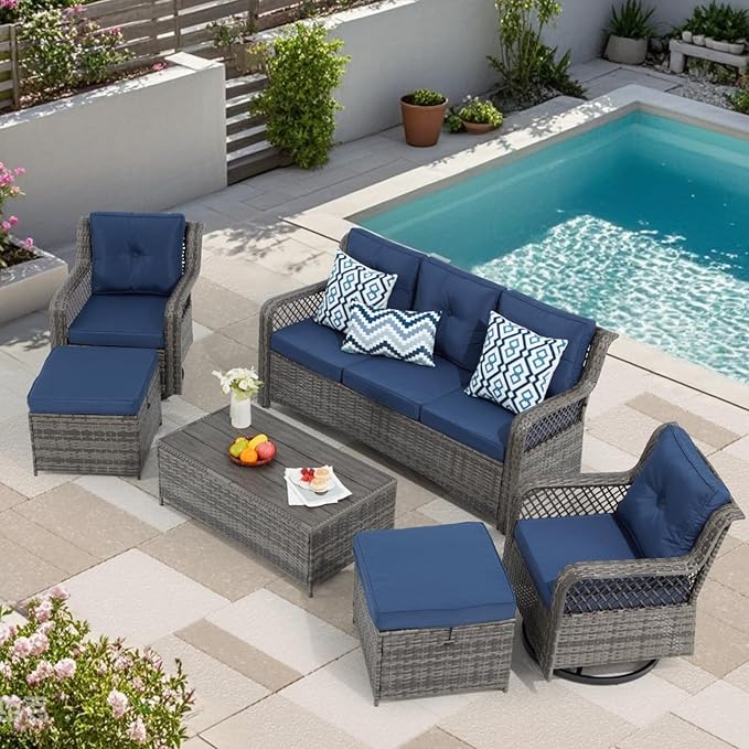 6 Pieces Wicker Patio Furniture Set Conversations Sets, 2 Outdoor 360° Swivel Rocking Chairs, Patio Swivel Glider Chair with Table and Ottoman for Garden, Poolside, Backyard (Grey)