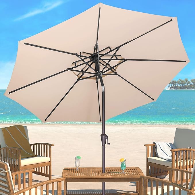 9FT Outdoor Patio Umbrella - 2 Tiers Table Umbrella Waterproof UV Protection, Sombrillas de Patio with Push Button Tilt, Sun Umbrella for Pool, Porch, Garden, Backyard (Beige)