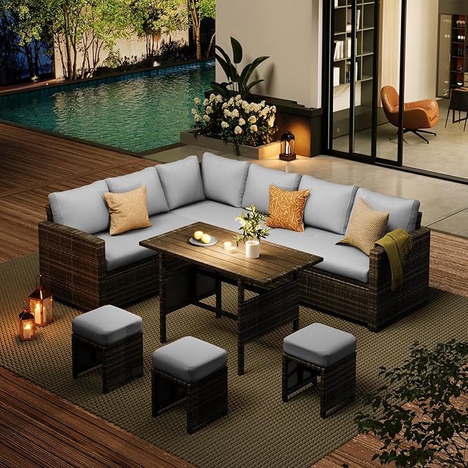 AECOJOY Outdoor Patio Furniture Set with Waterproof Cover, 7 Pieces Clearance Sectional Rattan Dining Table&Chairs, All Weather Wicker Conversation Sofa Couch, Light Grey Cushions&Grey Rattan