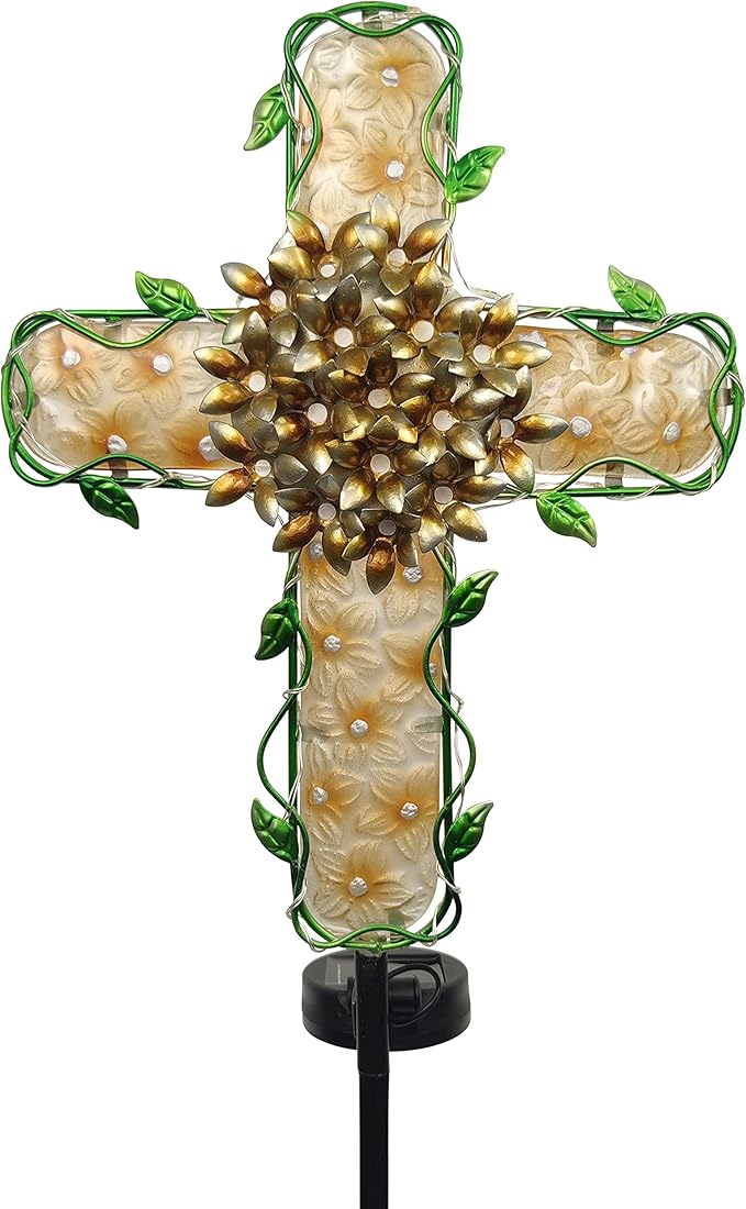 COOZZYHOUR 38inch Cross Garden Solar Lights Outdoor Decorative - Solar Metal&Glass Cross Apricot Hydrangea Flower Stake Lights- Waterproof 20 White LED for Remembrance Gifts & Sympathy Gifts