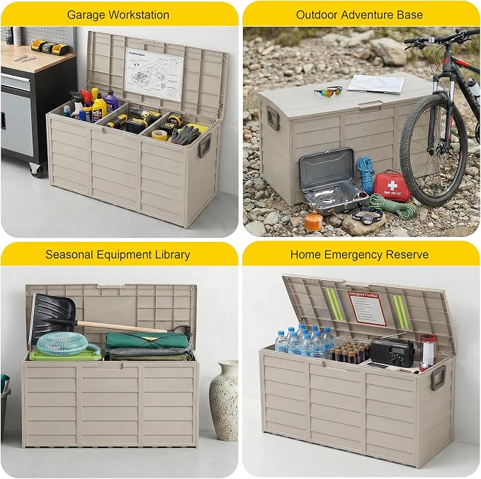 75 Gallon Resin Deck Box, Waterproof Anti-UV Lockable Outdoor Storage Bin for Patio Furniture Garden Tools, Heavy Duty Indoor Package Delivery Deck Boxes for Pillows Pool Cushions, Beige