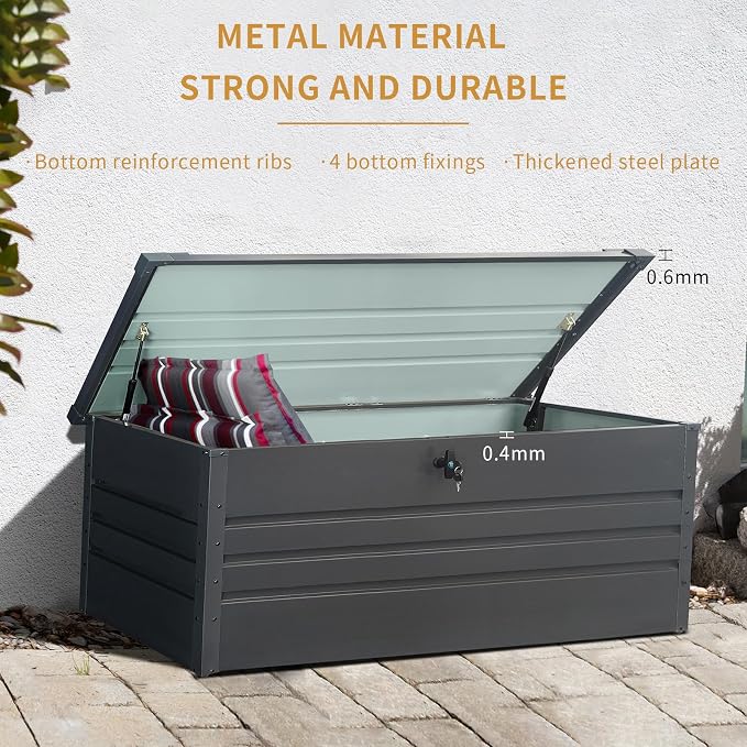 Extra Large Lockable Metal Deck Box, Waterproof Outdoor Patio Storage Container for Furniture Cushions, Pool Accessories & Garden Tools (Carbon Black + Metal, 260, Gallons)