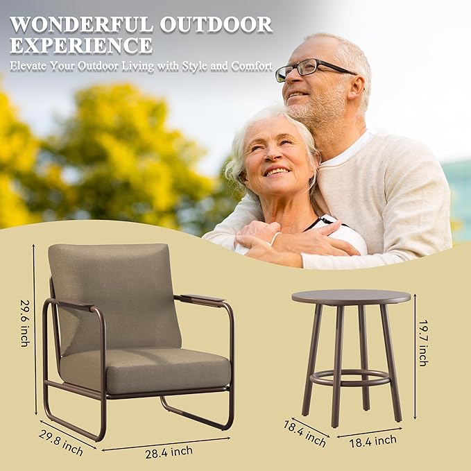 3-Piece Aluminum Patio Furniture Set, Spacious Deep Seating Chairs with 6-Inch Thick Cushions and Coffee Table, All-Weather Rust-Resistant Outdoor Seating for Backyard, Deck, Porch, Balcony