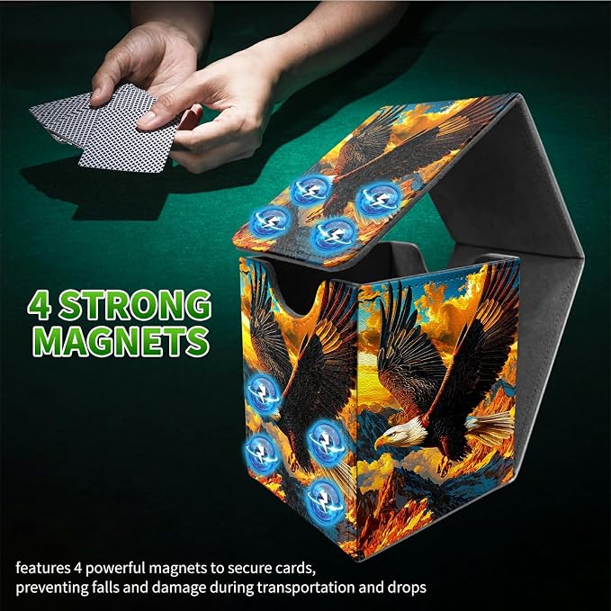 Deck Box for MTG, Cards Storage Box Fits 120+ Sleeved, Leather Medium Size Strong Magnetic Closing Card Case for Board Games Magic TCG CCG Baseball Collection, Mountain Eagle