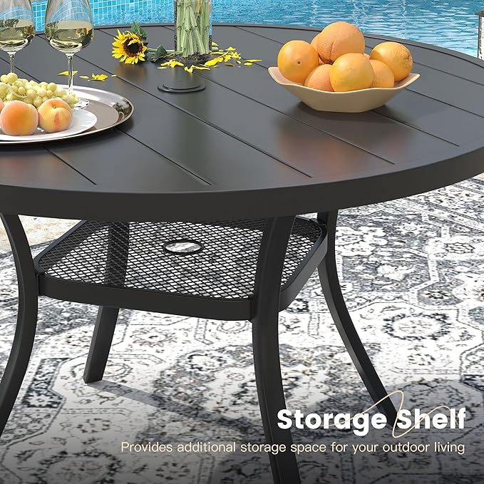 VICLLAX 7 Pieces Patio Outdoor Dining Set, 47.2" Round Metal Table with Umbrella Hole and 6 Stackable Textilene Chairs for Patio, Lawn, Garden, Porch, Black/Dark Blue