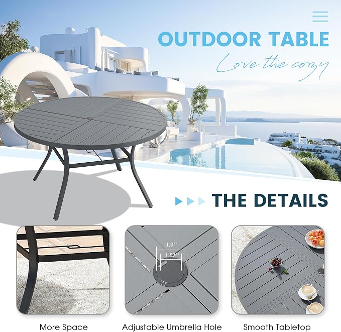 7 Pieces Patio Furniture Dining Set, 6 Textilene Swivel Dining Chairs, 53" Outdoor Round Metal Table with 1.57" Umbrella Hole, Outdoor Dining Set for Porch, Lawn, Garden, Dark Grey/Grey