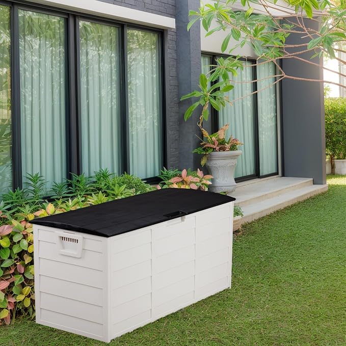 75-Gallon Outdoor Storage Bench with Wheels, Heavy-Duty Waterproof Deck Box for Patio, Garden, and Pool Organization (Black lid + white box)