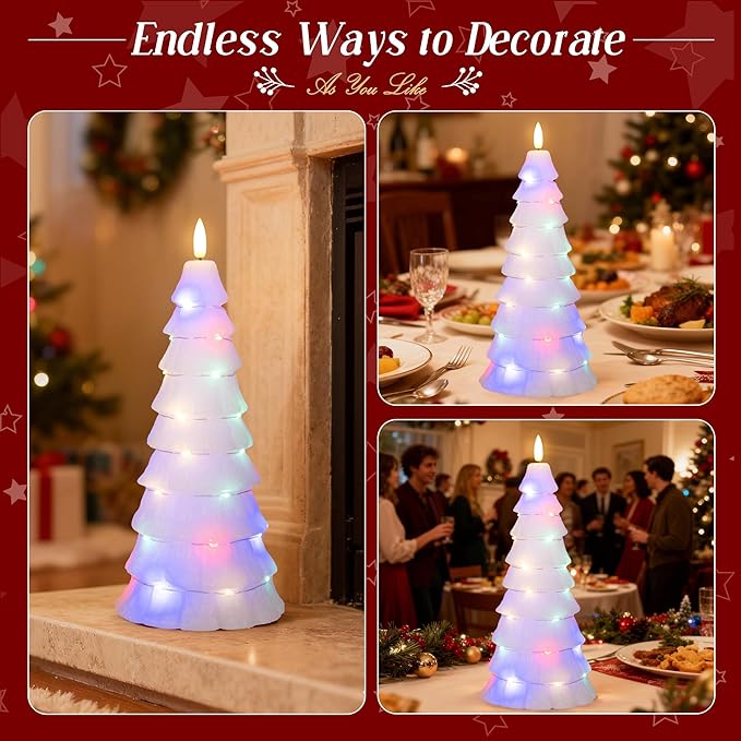 Christmas Tree Candles with Remote, Christmas Flameless Candles with Embedded Star String Fairy Lights, Real Wax Battery Operated Candles, Xmas Flameless Candles for Mantel Decor