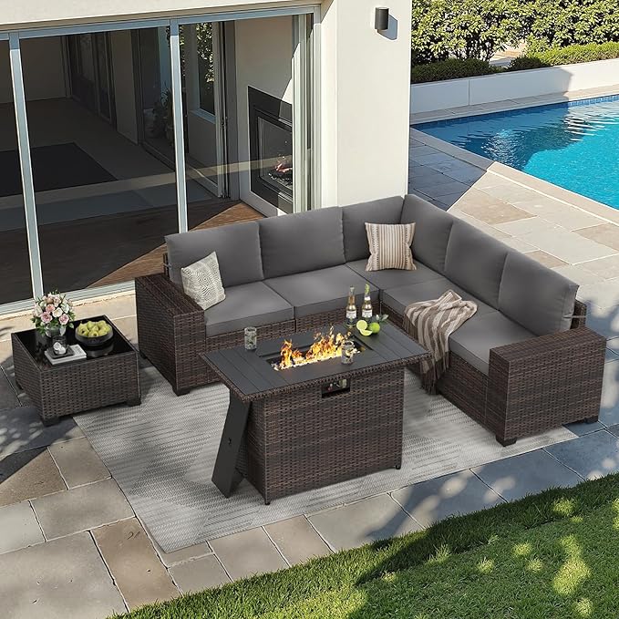 Soohow 7-Piece Patio Furniture Set with 44" Fire Pit Table, Outdoor Sectional Wicker Rattan Conversation Set for Garden, Porch, Backyard - Grey Cushions