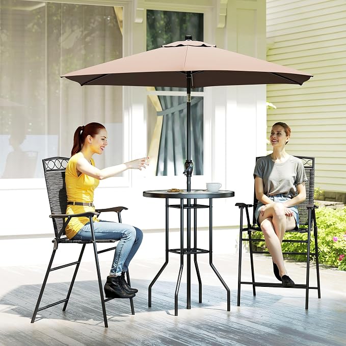 Outsunny 4 Piece Outdoor Patio Dining Furniture Set, 2 Folding Chairs, Adjustable Angle Umbrella, Wave Textured Tempered Glass Dinner Table, Black