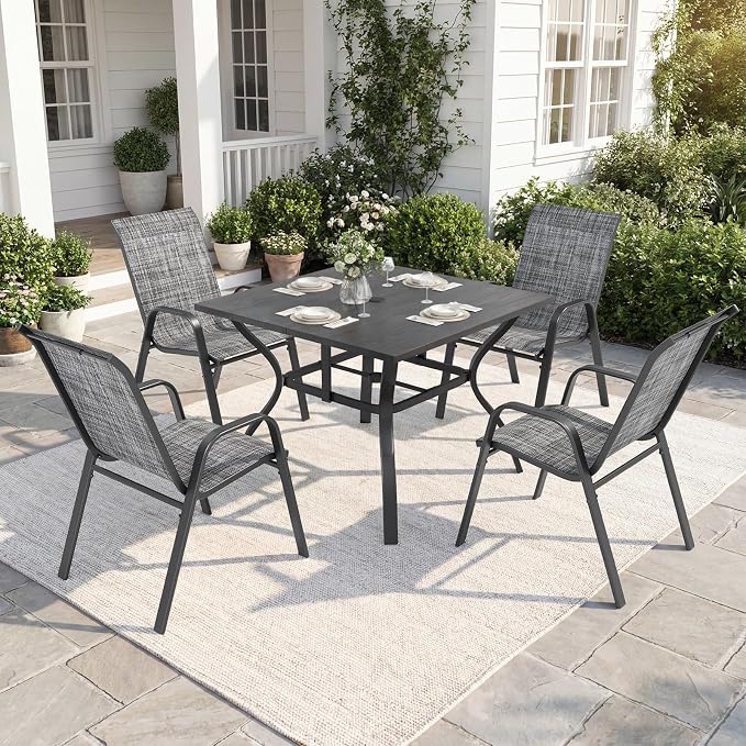 37.8”x37.8” Metal Outdoor Dining Table for 4,Square Patio Dining Table with Adjustable Umbrella Hole,All-Weather Black Outdoor Patio Table for Porch, Garden, Backyard, Poolside, Lawn