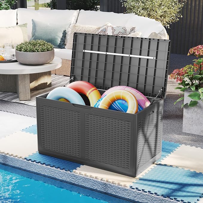Moccha 100-Gallon Outdoor Storage Box - Waterproof Resin Deck Box with Lockable Lid & Wheels, Faux Rattan Outdoor Storage Bench for Pool Accessories, Garden Tool, Patio Furniture Cushion (Grey)