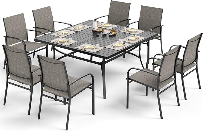 SUNSHINE VALLEY Patio Dining Set for 8, 60" x 60" Square Metal Table with Umbrella Hole, 8 x Stable Brown Dining Chairs, Outdoor Table and Chairs Set for Lawn Backyard and Deck
