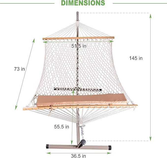 Lazy Daze Hammocks Double Rope Hammock with Stand Include, 12 Feet Traditional Cotton Rope with Pillow for Outside, Backyard, Patio, Garden, Tan Pillow