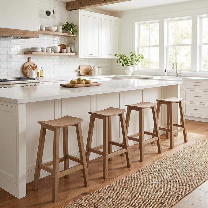 Stoog All-Weather Bar Stools Set of 2, 28" Outdoor Barstools with 400 lbs Capacity, Realistic Wood-Grain Texture, for Bar, Kitchen Counter, Pool & Patio, Teak