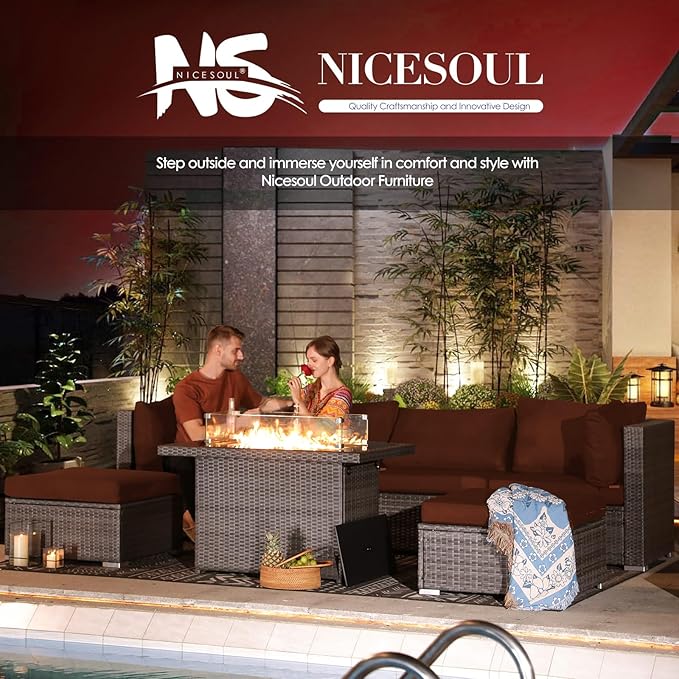 NICESOUL 15 Piece Outdoor Patio Furniture Set with Fire Pit, Extra Large Wide Outdoor Deep Seated Sectional, Cozy 29.3'' High-Back Modular Couch, 500 Lbs High Weight Capacity Wicker Sofa, Gray & Red