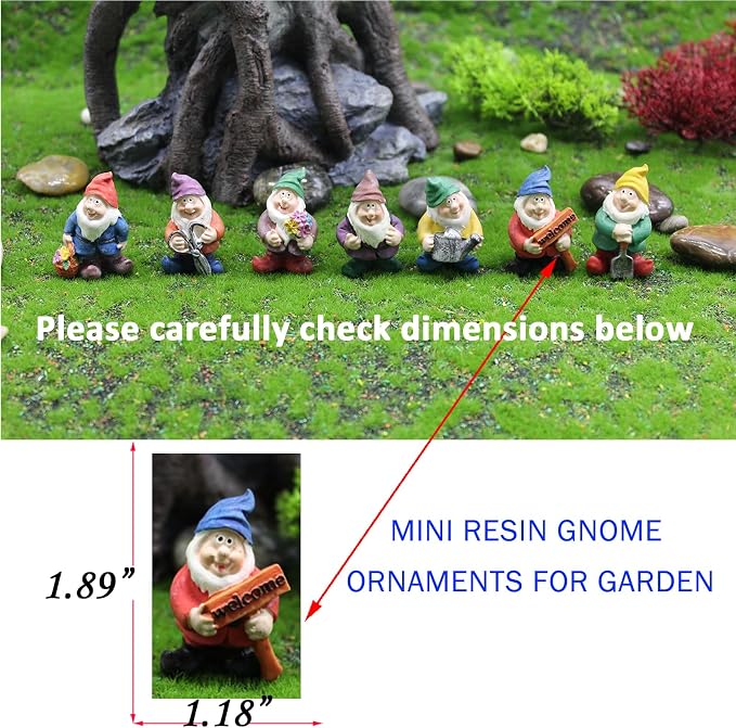 Fairy Garden Accessories 7Pcs Mini Gnome Resin Figurines Set Colorful Decor | Hand-painted resin,7difference poses funny mini gnomes statue- for fairy garden, succulents, dollhouse, home decor