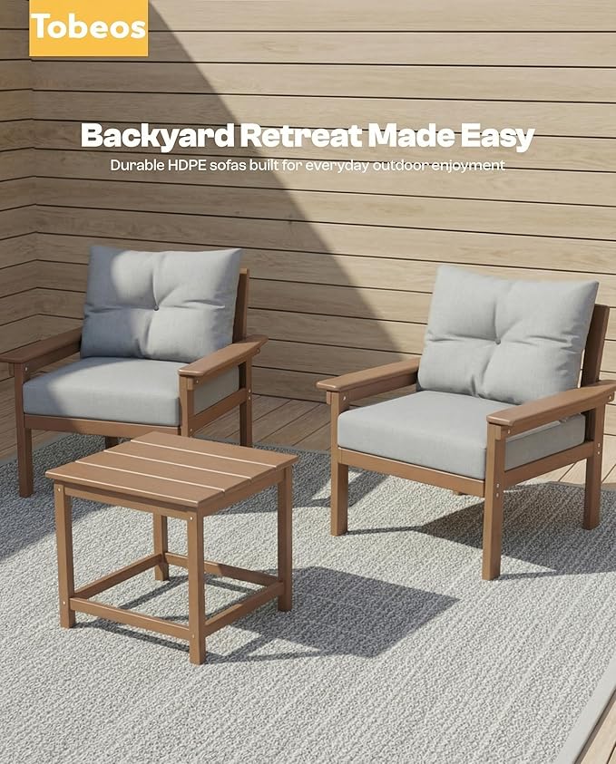 HDPE 3 Piece Patio Furniture Set, All-Weather Outdoor Couch Set with Thick Cushions, Patio Conversation Sets for Lawn, Garden, Porch, Balcony, Deck, Poolside, Teak