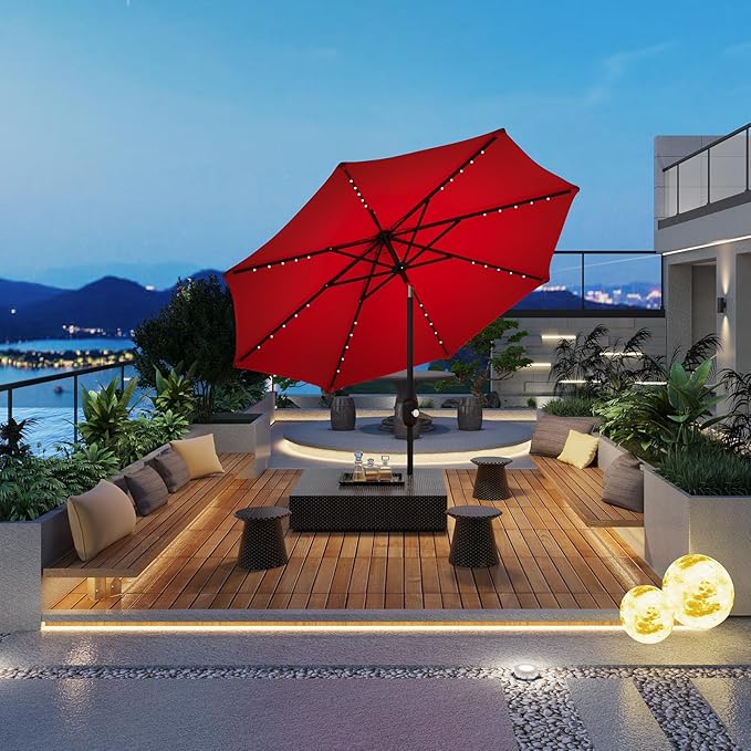 10FT Patio Umbrella with Solar Lights, Outdoor Table Umbrella with Tilt & Crank, 8 Ribs Waterproof UV Protected for Pool, Deck, Backyard, Red