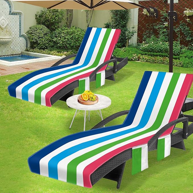 Lounge Chair Towel Cover, Chaise Lounge Cover (Pack of 2), Beach Chair Covers with 3 Pockets for Pool Sunbathing Beach Garden Courtyard Outdoor Trips, 85 x30 in, Striped Colorful Blue Red
