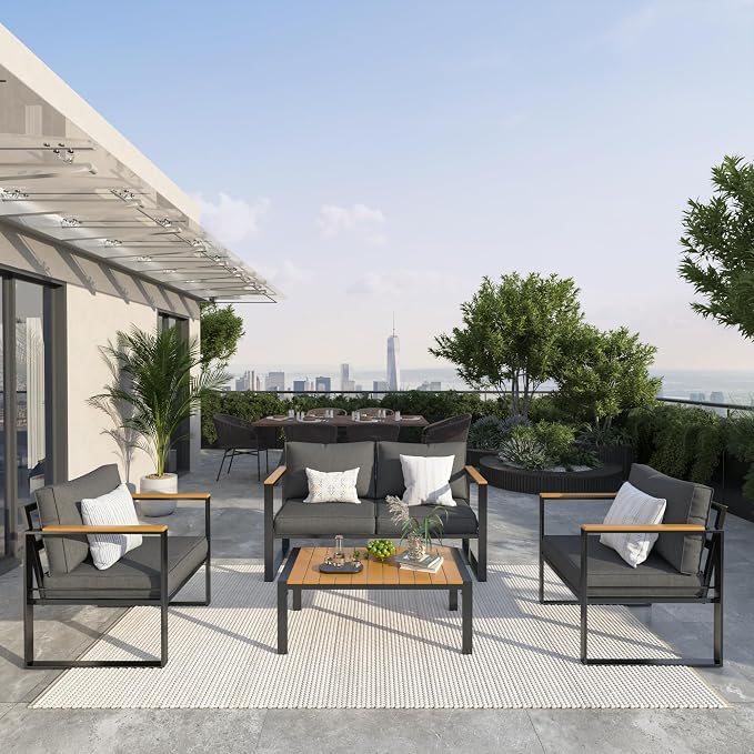 UDPATIO Metal Outdoor Patio Furniture Set, Modern Outdoor Conversation Sets w/Coffee Table, Sectional Furniture with Thick, Washable and High-Resiliency Sponge Cushions, Deep Grey, 4 PCS